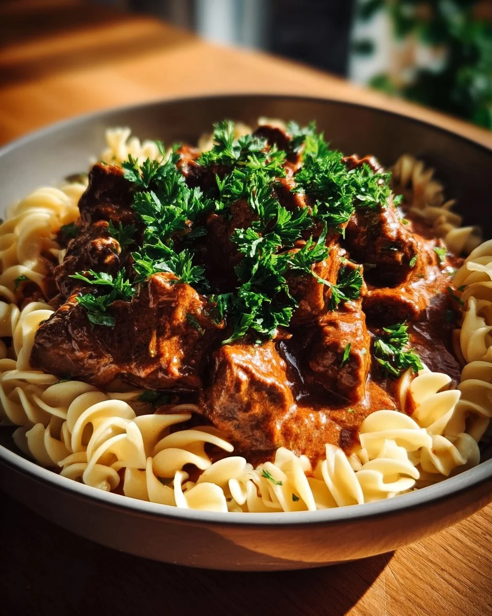 Delicious creamy veal stroganoff served with noodles and garnished with parsley