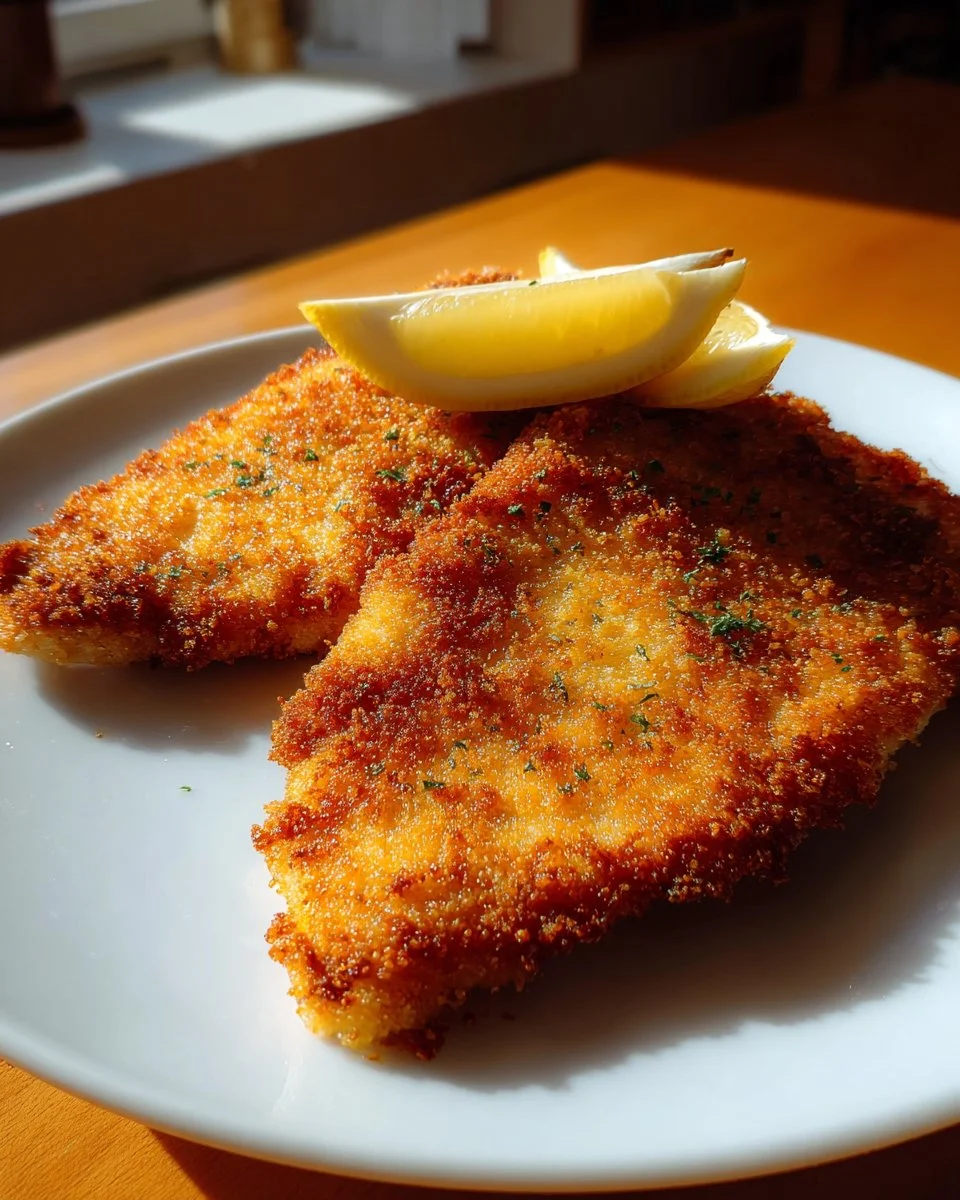 Crispy Wiener-Style Schnitzel plated with lemon wedges and parsley garnish.