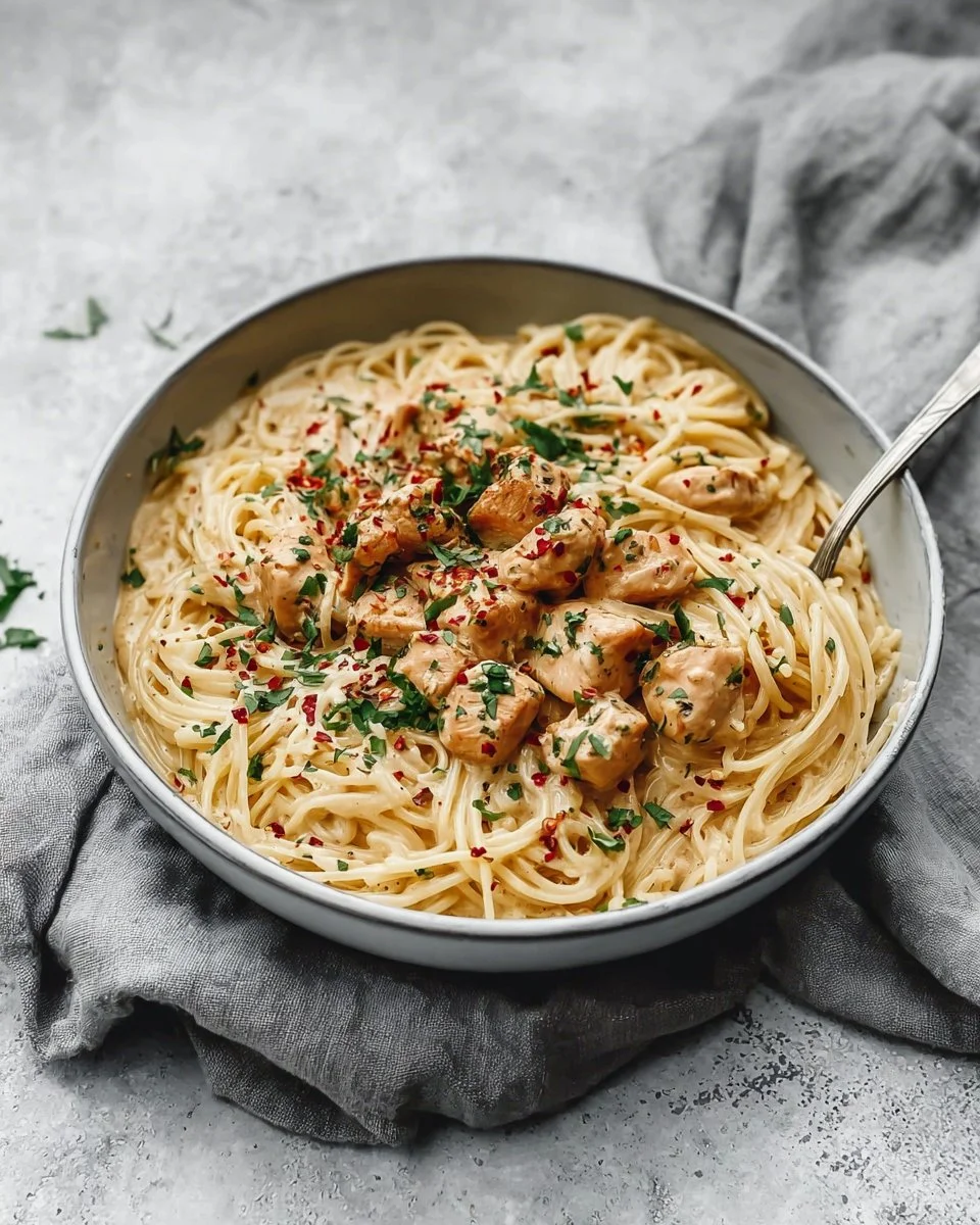 Crockpot Angel Chicken dish served on a plate with creamy sauce and herbs