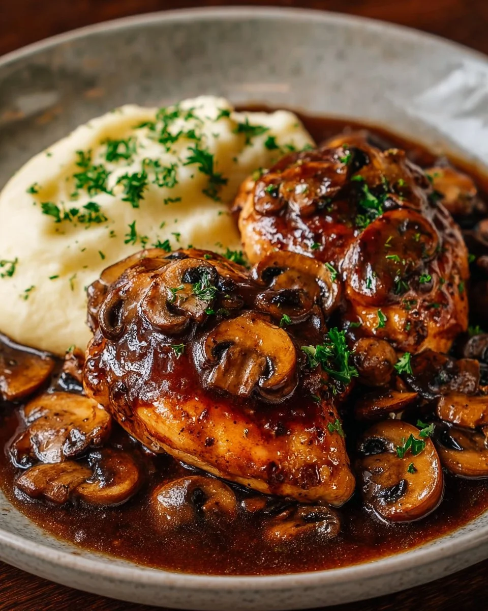 Crockpot Balsamic Chicken with Mushrooms served in a bowl