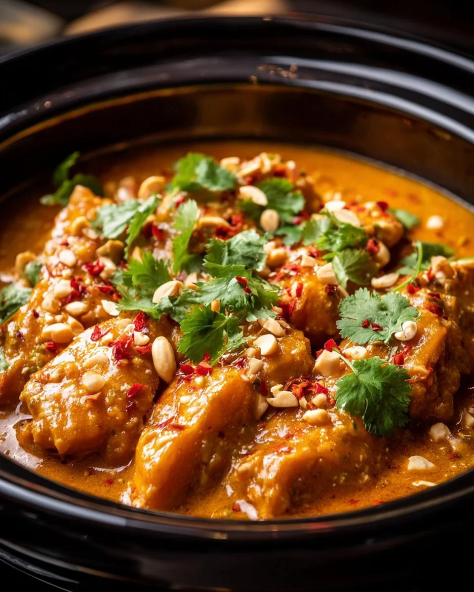 Crockpot Thai Peanut Chicken served with rice and garnished with peanuts