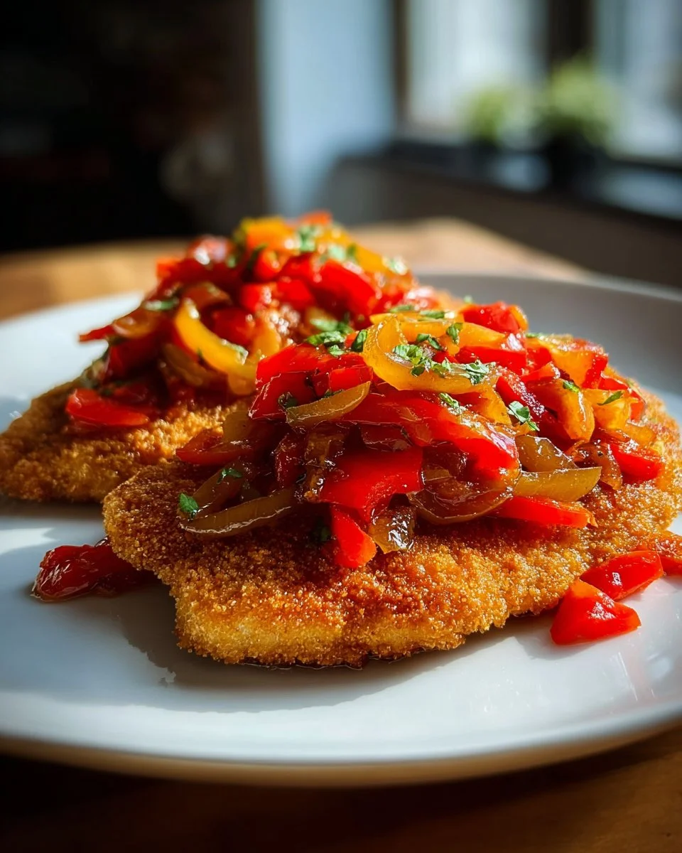 Delicious Crunchy Gypsy Schnitzel served with lemon and herbs.