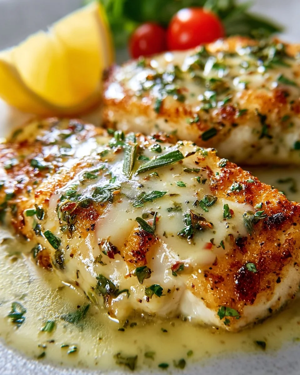Crusted Chicken Romano served with fresh herbs and lemon slices