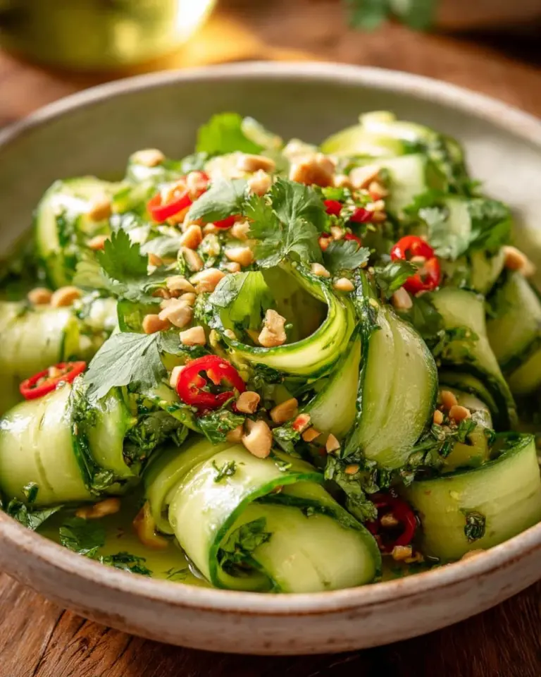 Cucumber ribbon salad with fresh vegetables and a light dressing