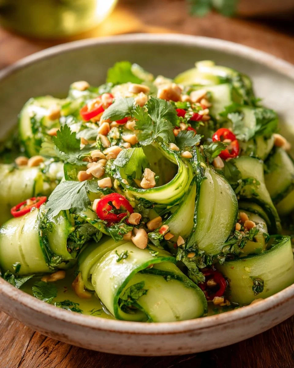 Cucumber ribbon salad with fresh vegetables and a light dressing