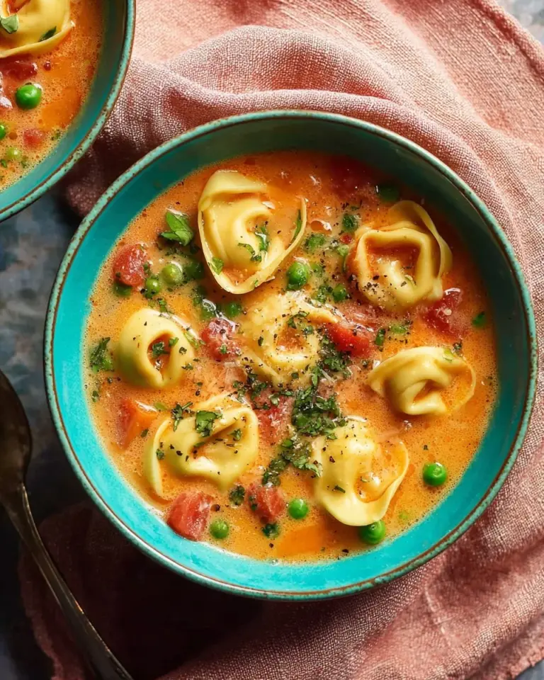 Creamy tortellini soup with ground turkey in a bowl, garnished with herbs.