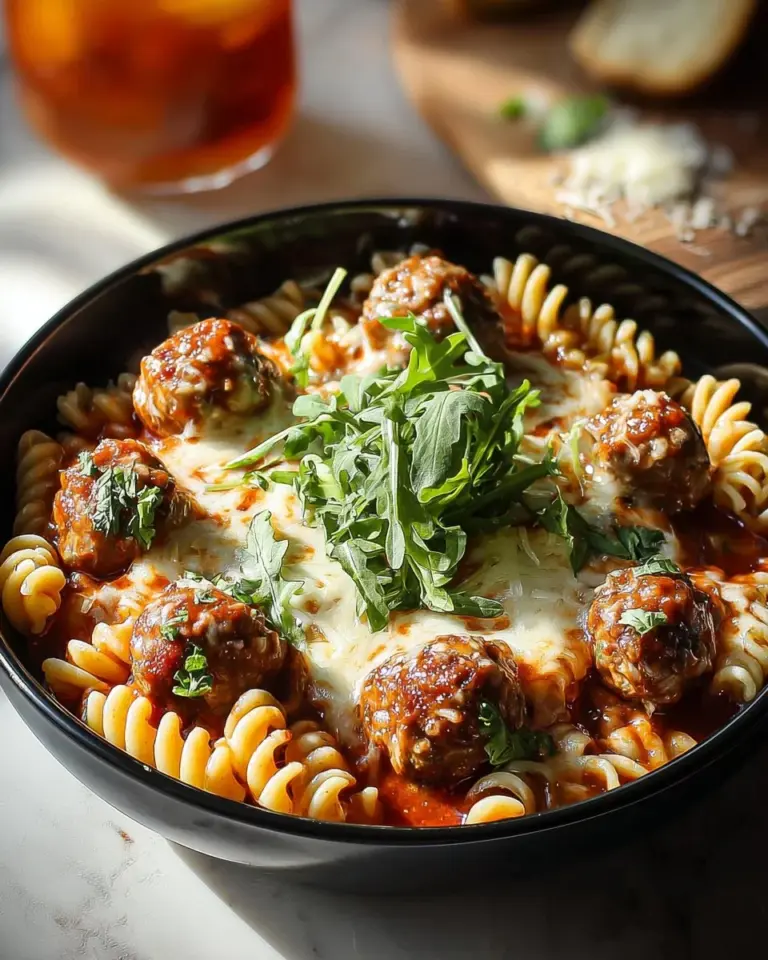 Delicious dump and bake meatball casserole topped with cheese and herbs