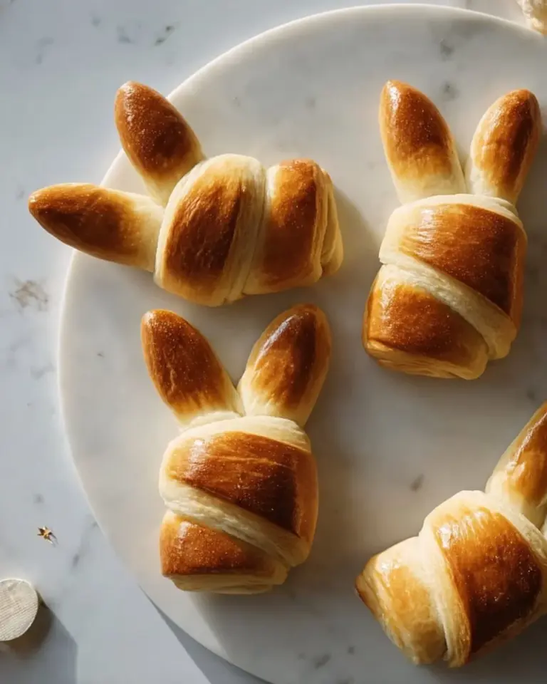 Easter Bunny Crescent Rolls shaped like bunnies, ready to be baked and enjoyed.