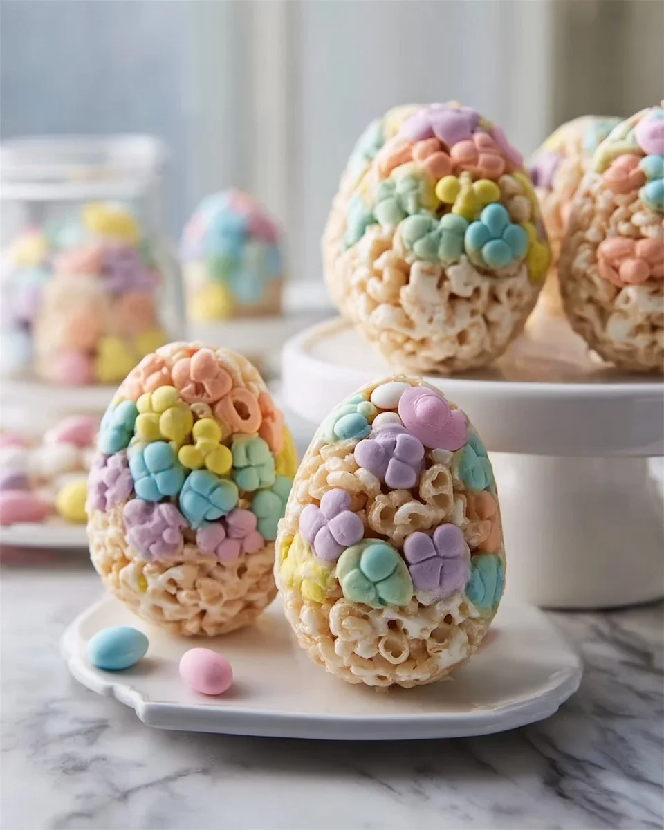 Colorful Easter Egg Rice Krispie Treats arranged on a festive plate.