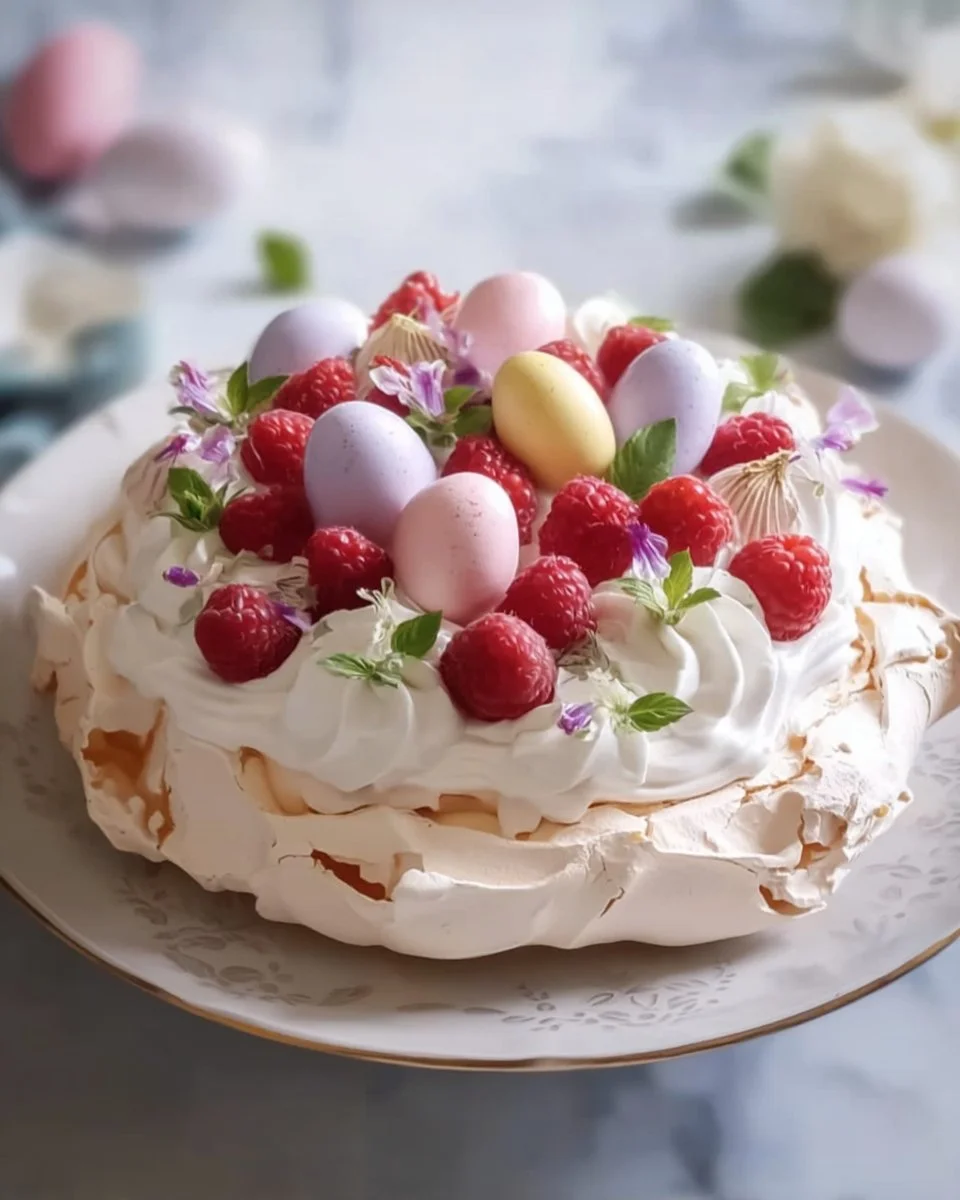 Easter Pavlova topped with fruits and cream, a festive dessert