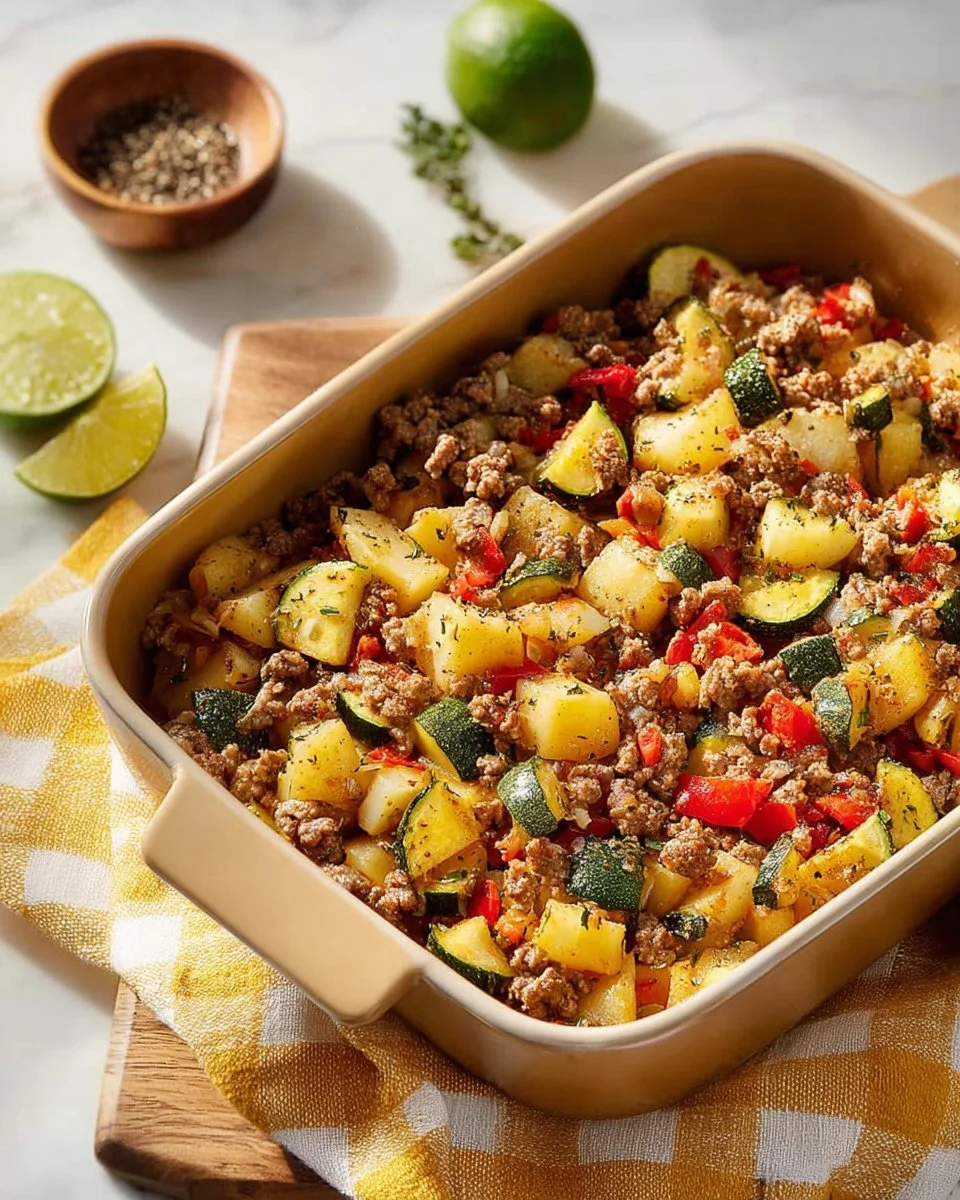 Delicious easy ground turkey hash with colorful vegetables in a skillet