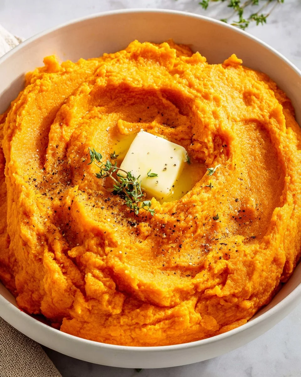 Creamy bowl of easy mashed sweet potatoes with a sprinkle of herbs