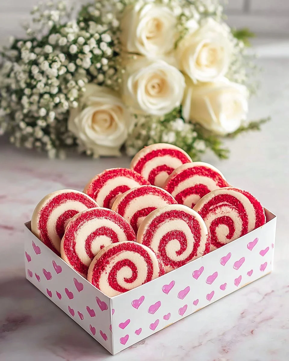 Festive Valentine's Day pinwheel cookies with pink and red swirls on a plate.