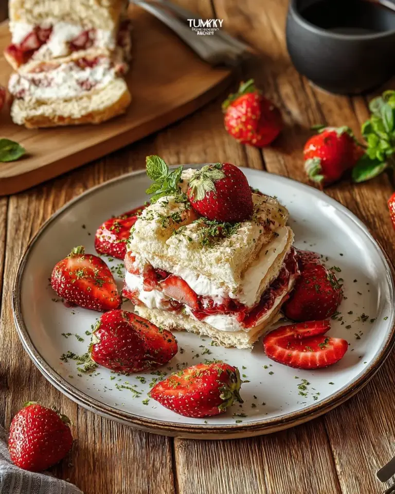Fluffy Strawberry Shortcake Cheesecake Roll topped with fresh strawberries