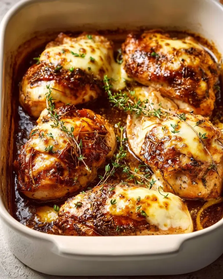 Delicious French Onion Stuffed Chicken garnished with cheese and herbs.