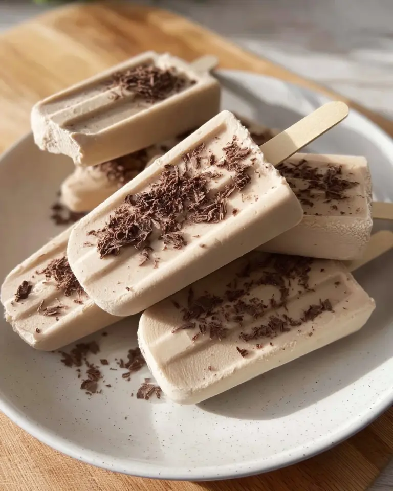 Homemade fudgesicle on a wooden stick with a chocolate coating.