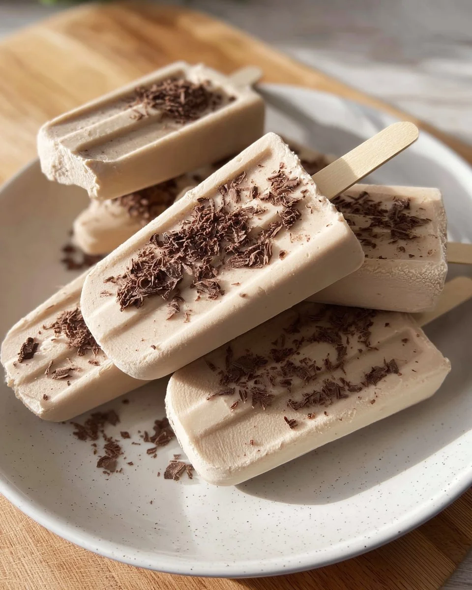 Homemade fudgesicle on a wooden stick with a chocolate coating.