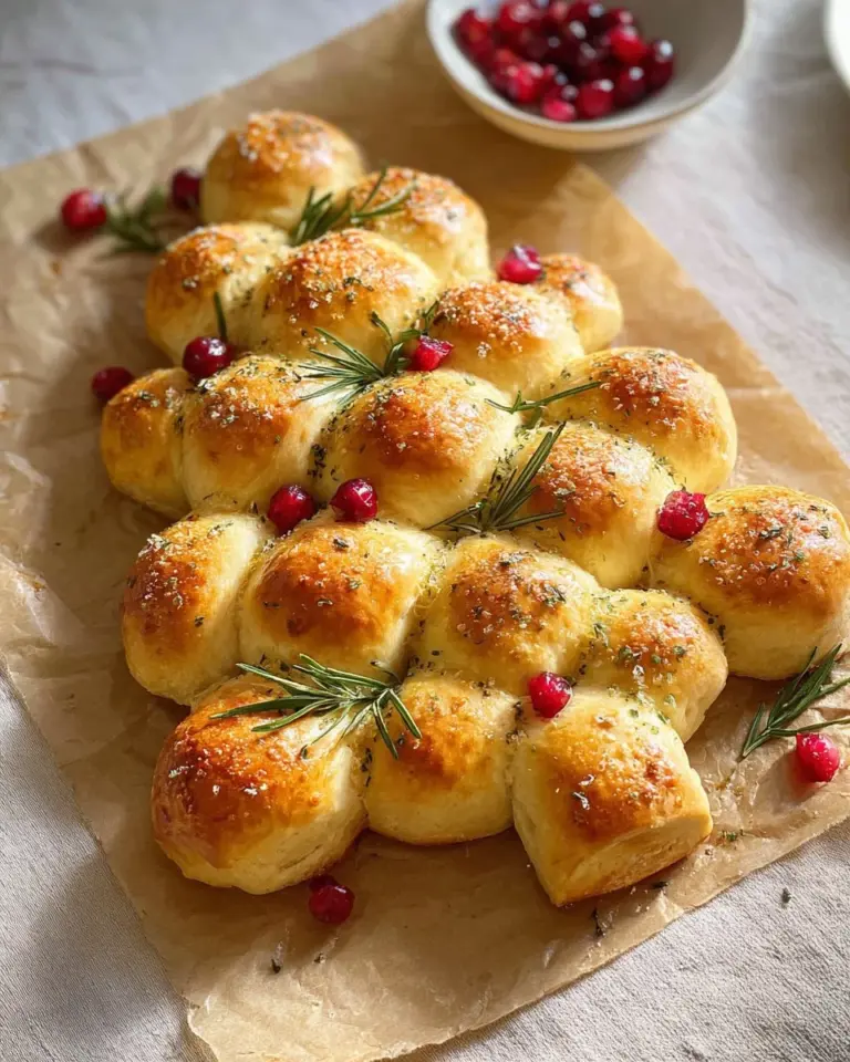 Garlic bread shaped like a Christmas tree, garnished with herbs and cheese.