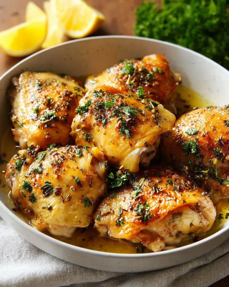 Garlic Lemon Chicken Thighs served on a plate with fresh herbs and lemon slices