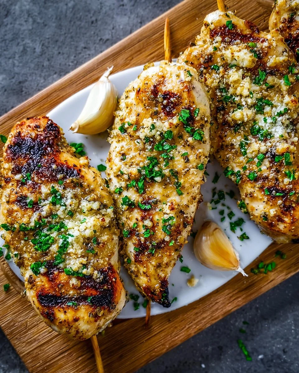 Garlic Parmesan Grilled Chicken served on a plate with herbs and spices