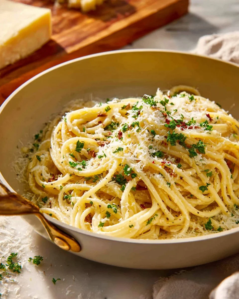 Garlic Parmesan Spaghetti with Sun-Dried Tomatoes served in a bowl