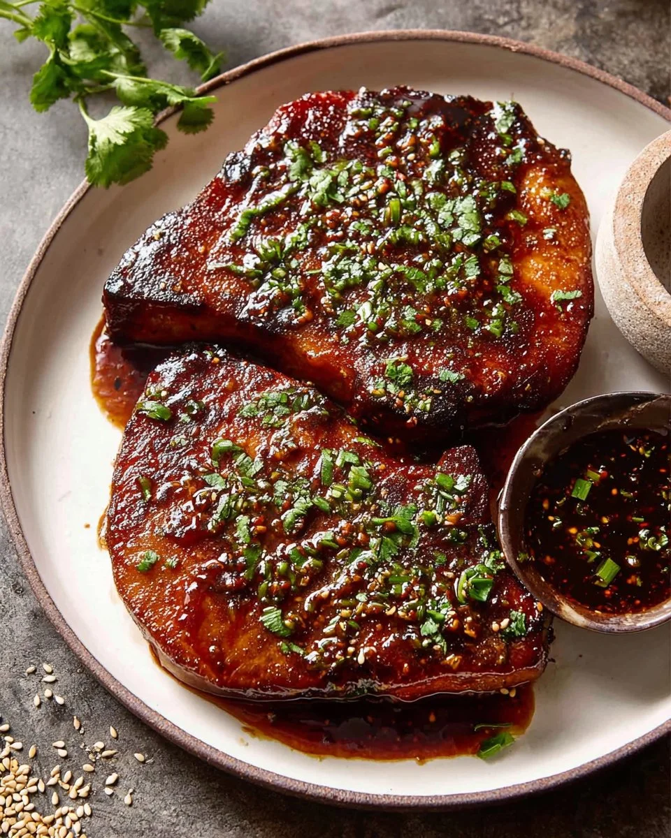 Glazed Korean style pork chops served with vegetables on a plate