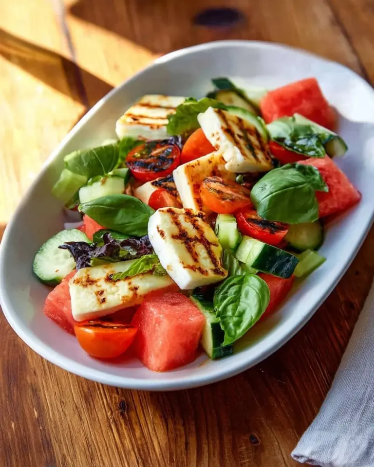 Grilled Halloumi and Watermelon Salad on a plate, garnished with fresh herbs.