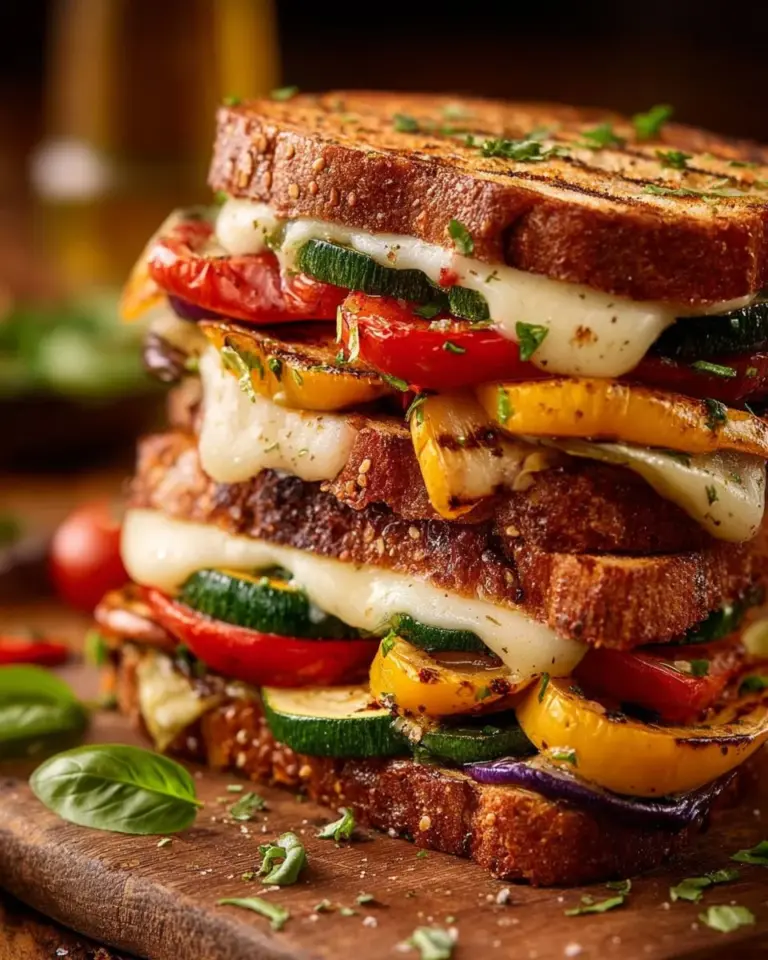 Grilled Veggie Sandwich with mozzarella cheese, colorful vegetables, and fresh herbs