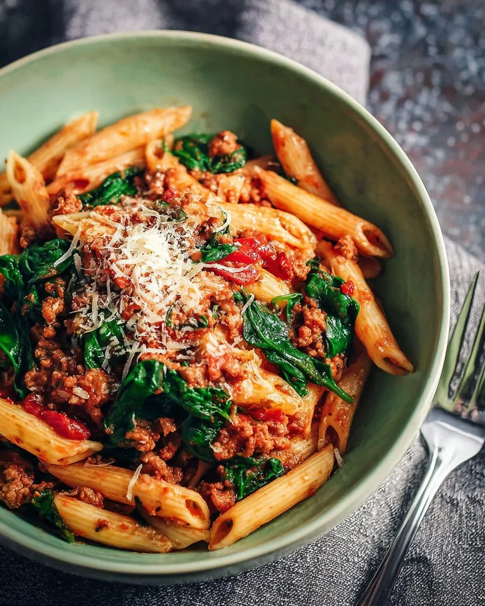 Ground Turkey and Spinach Penne served in a bowl with fresh herbs on top.