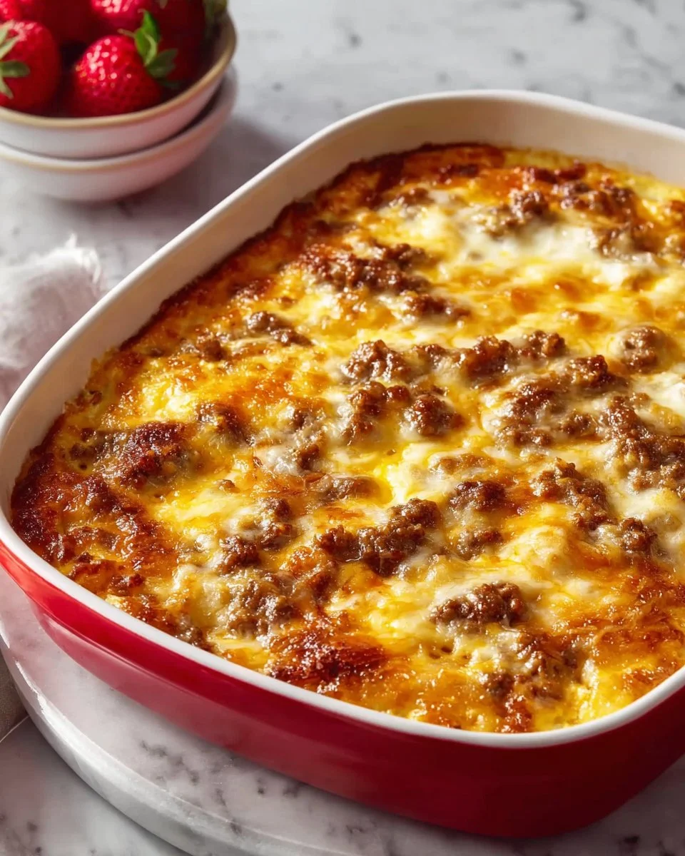 Ground turkey hashbrown casserole topped with cheese and herbs