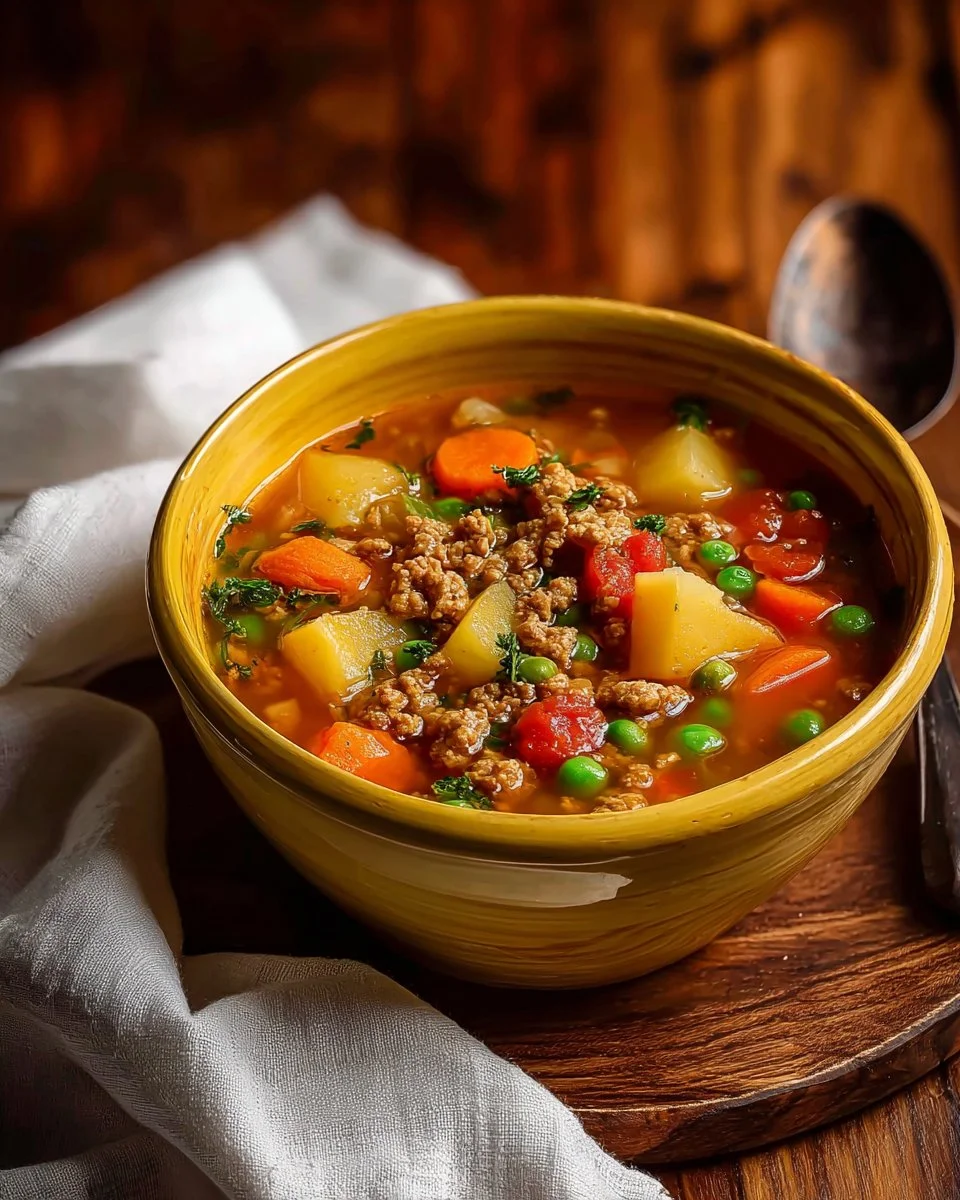Delicious ground turkey soup served in a bowl with fresh herbs and vegetables