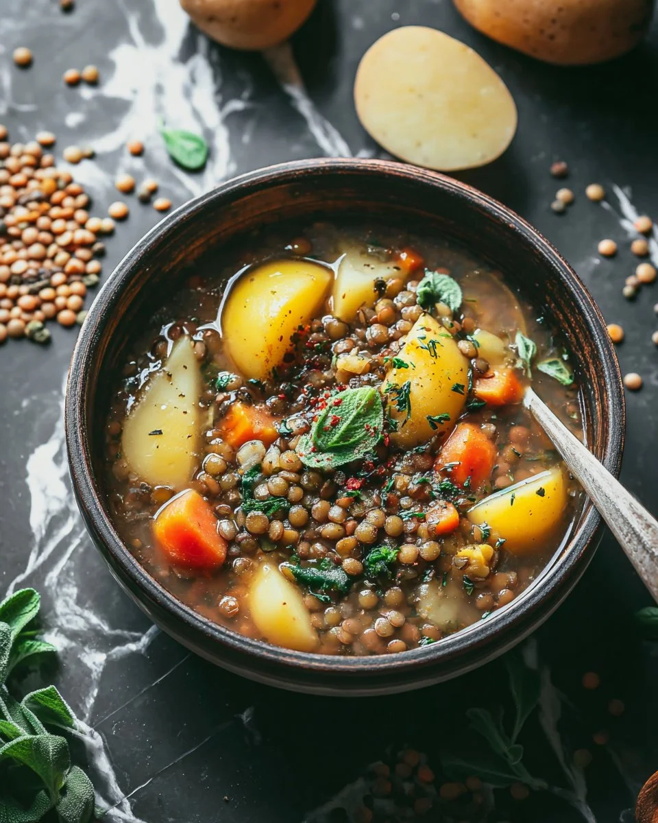 Bowl of hearty lentil and potato soup with fresh herbs on top.