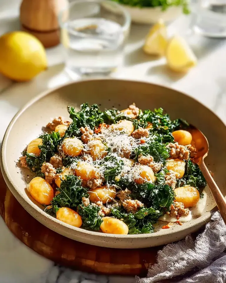 Delicious hearty sweet potato gnocchi topped with ground turkey in a savory sauce.