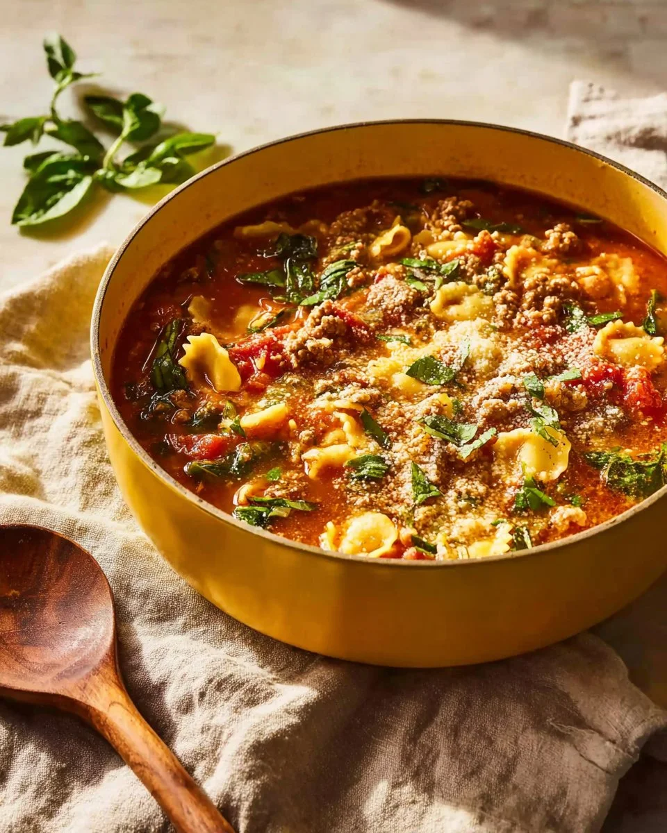 Bowl of hearty turkey lasagna soup topped with cheese and basil