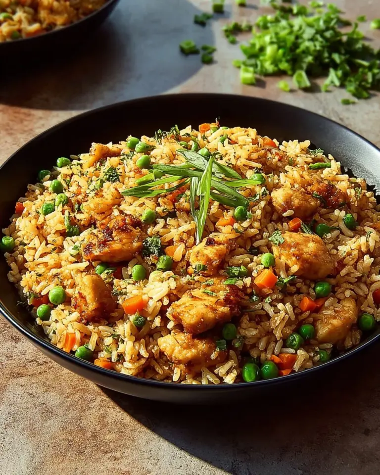High protein crispy garlic chicken fried rice bowl with vegetables and herbs