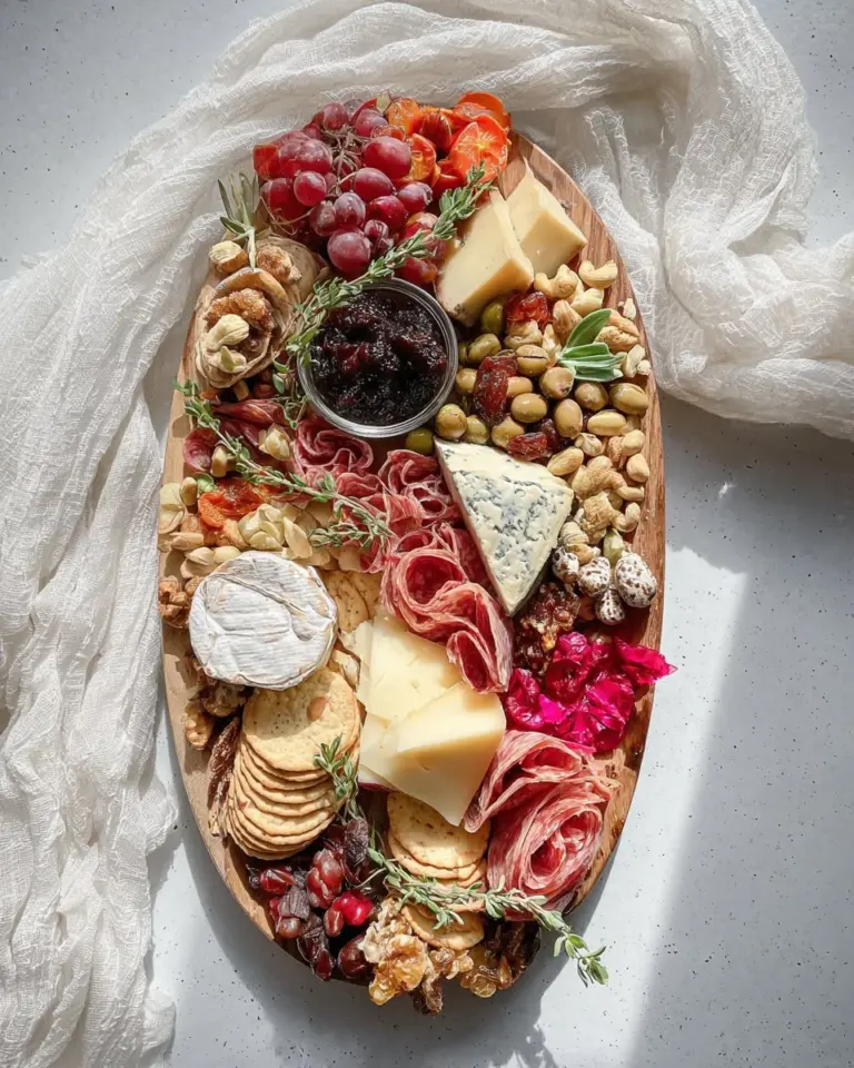 A beautifully arranged holiday charcuterie board featuring cheeses, meats, and festive decor.
