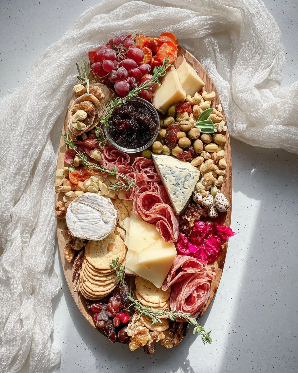 A beautifully arranged holiday charcuterie board featuring cheeses, meats, and festive decor.