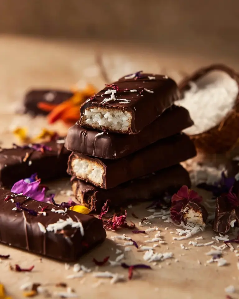 Homemade Bounty Bars covered in chocolate with a coconut filling