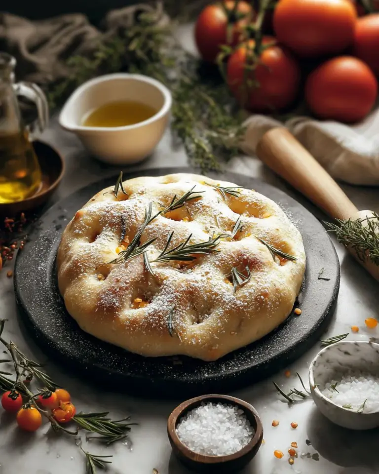 Freshly baked homemade focaccia bread topped with herbs and olive oil