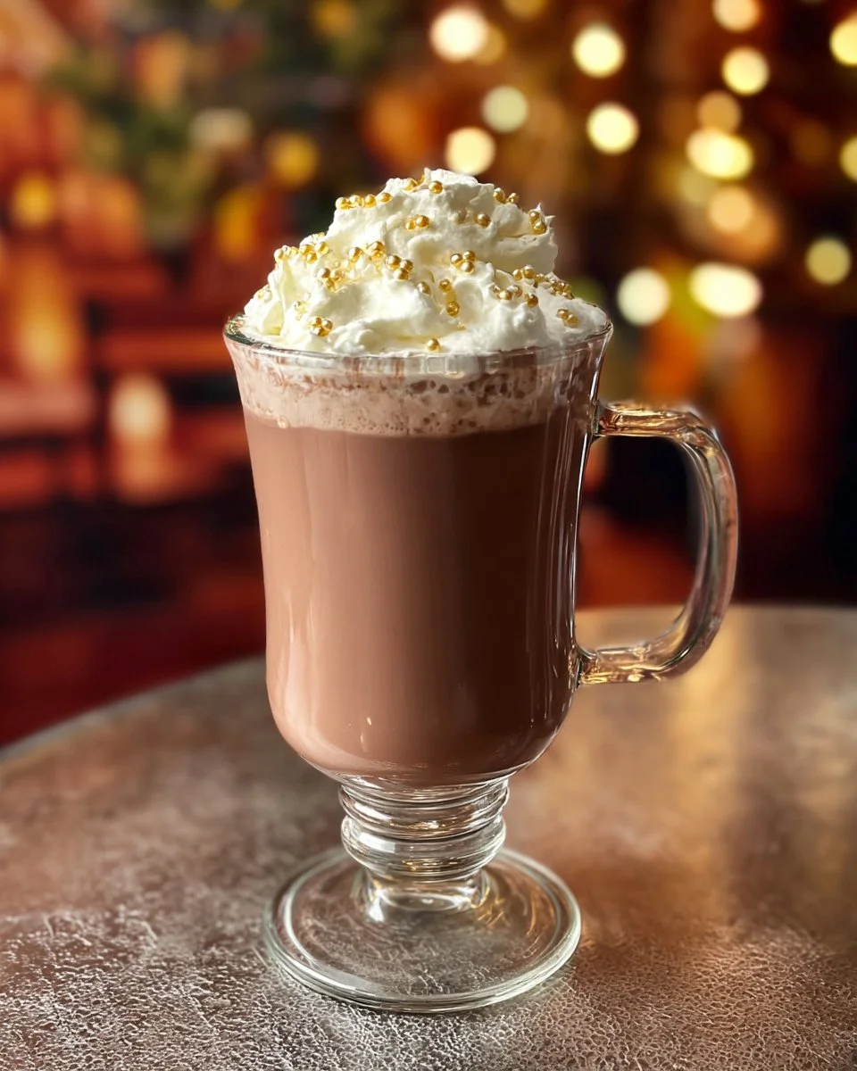 A mug of rich homemade hot chocolate topped with whipped cream and chocolate shavings.