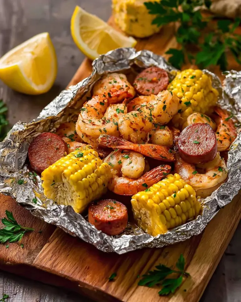 Homemade shrimp foil packets prepared and baked in the oven with fresh ingredients.
