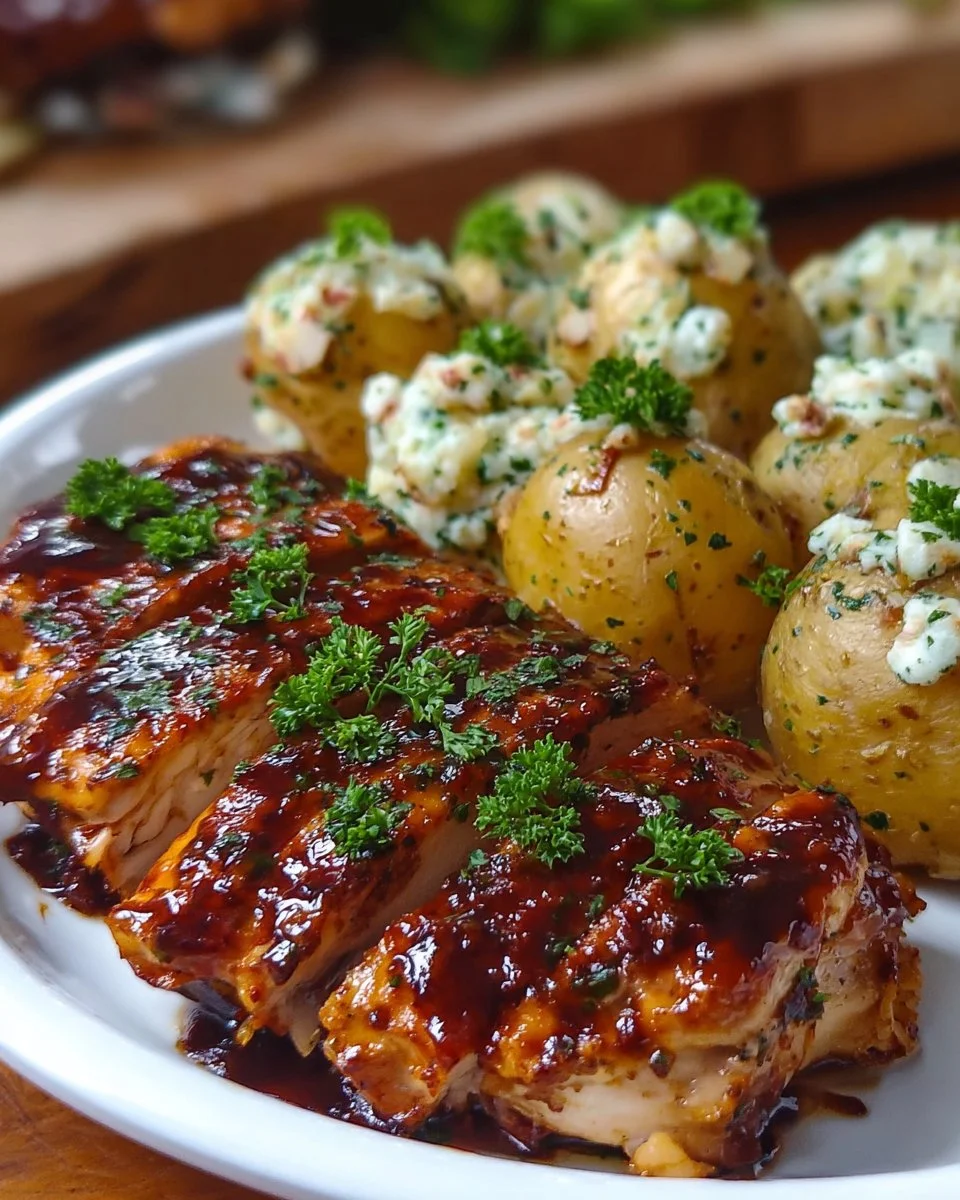 Honey BBQ Chicken served with garlic Parmesan potatoes on a plate