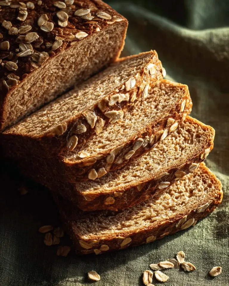 Freshly baked honey oat bread loaves on a wooden table.
