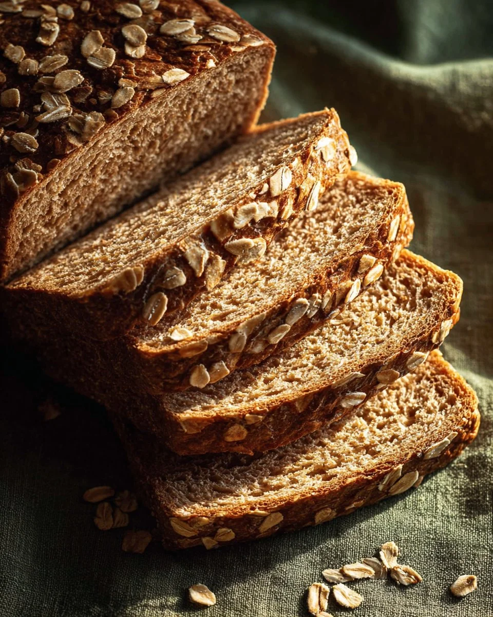 Freshly baked honey oat bread loaves on a wooden table.