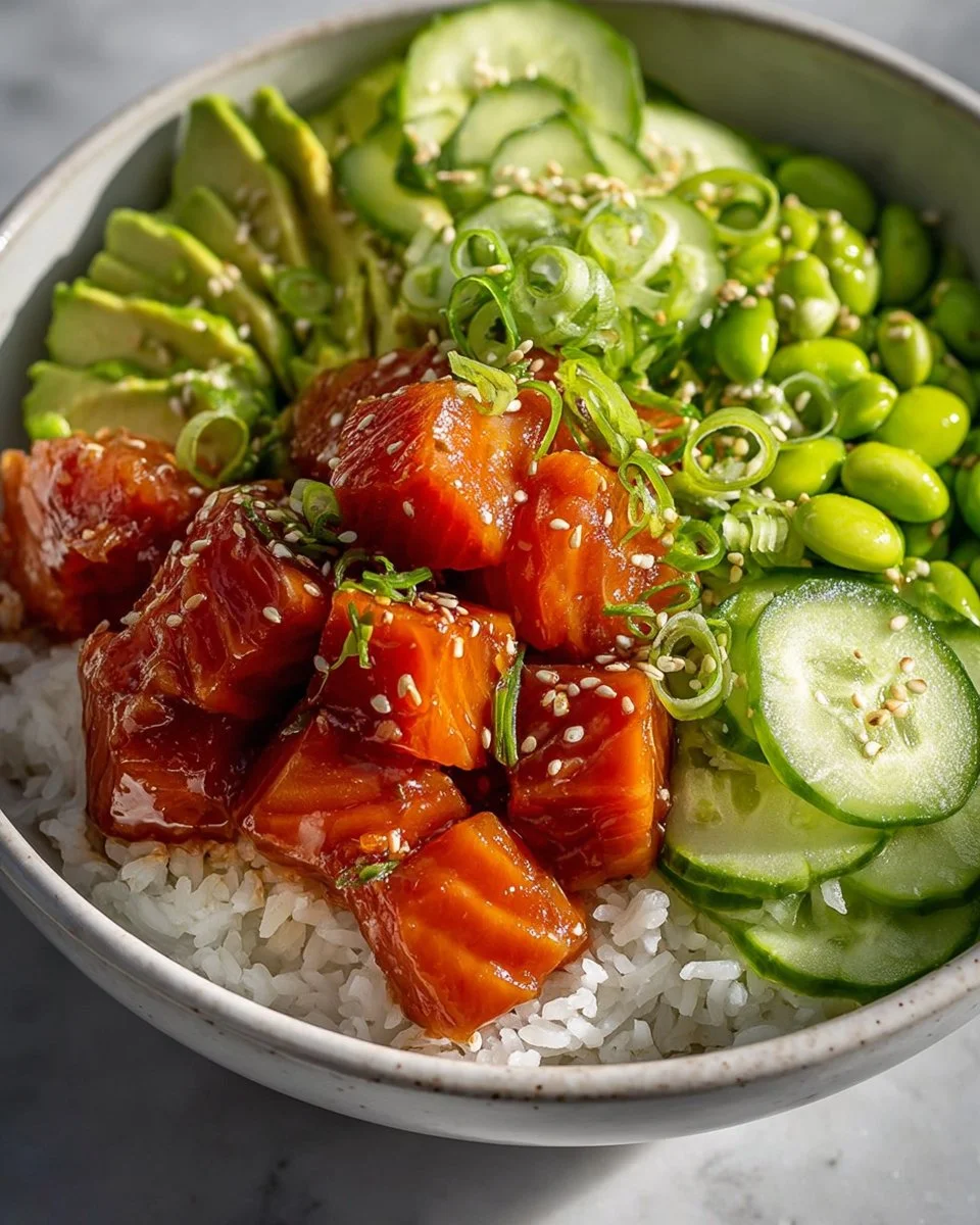 Honey Sriracha Salmon Bowl with vegetables and rice garnished with sesame seeds.
