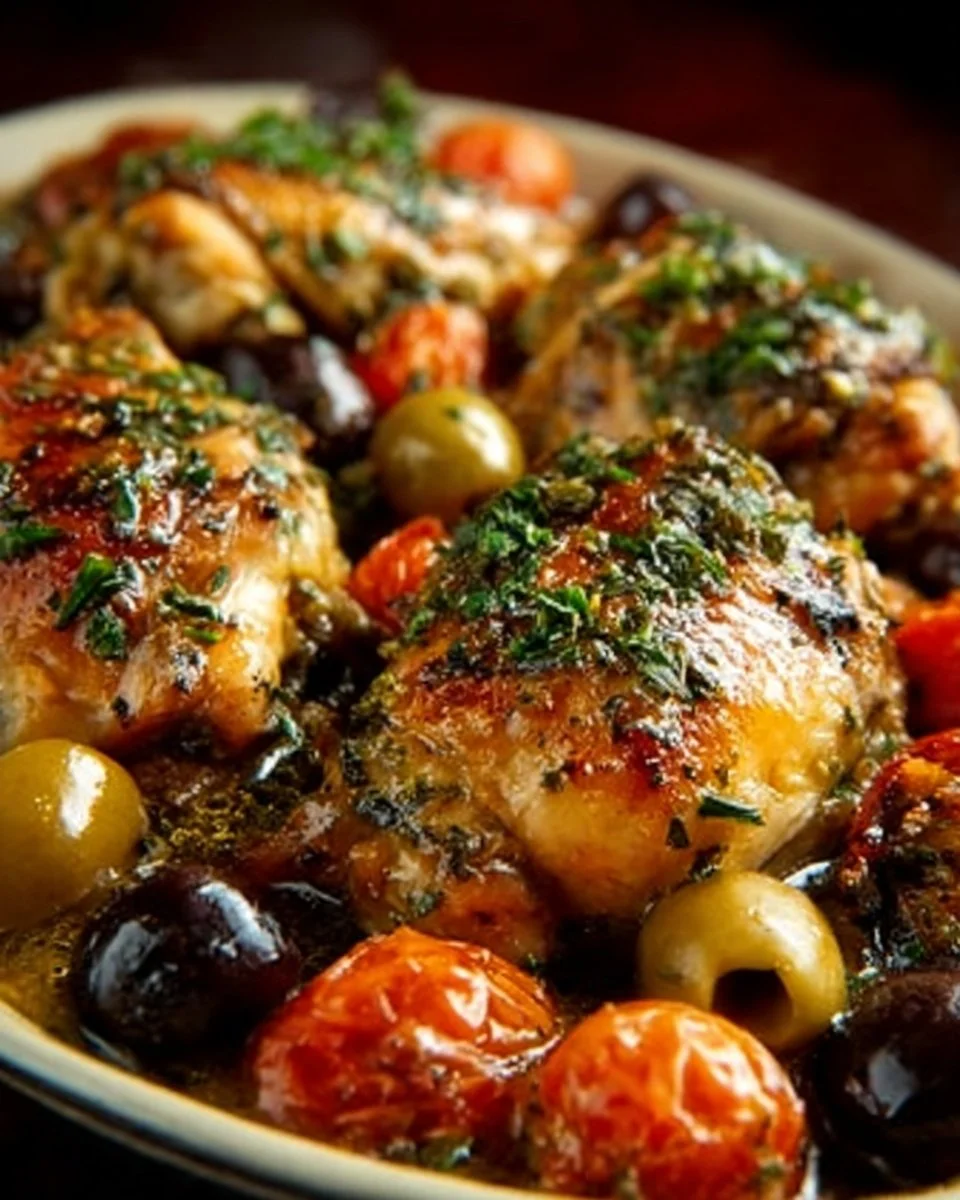 Delicious Chicken Marbella recipe by Ina Garten with olives, prunes, and herbs.