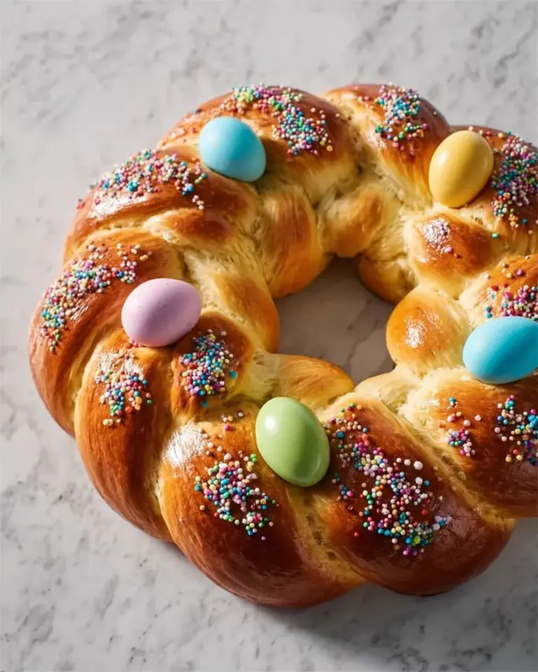 Deliciously braided Italian Easter Bread with colorful eggs on a rustic table.