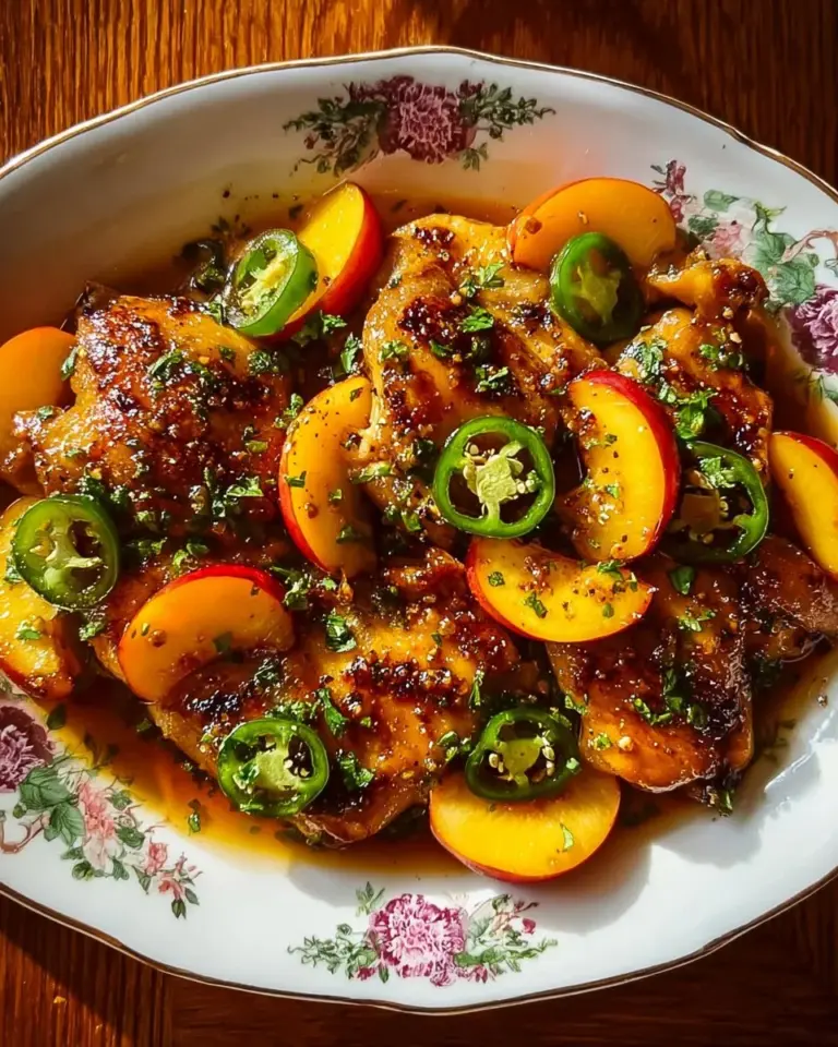Plate of Jalapeño Peach Chicken garnished with fresh herbs and peach slices