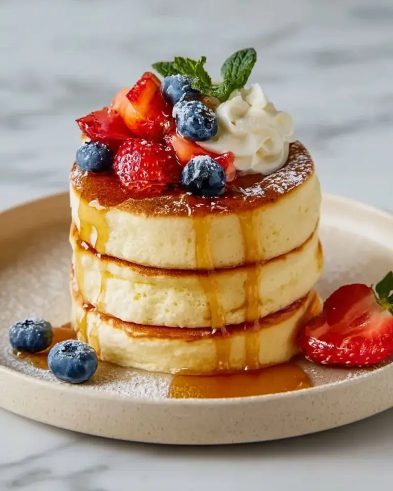 Fluffy and airy Japanese souffle pancakes stacked with syrup and berries