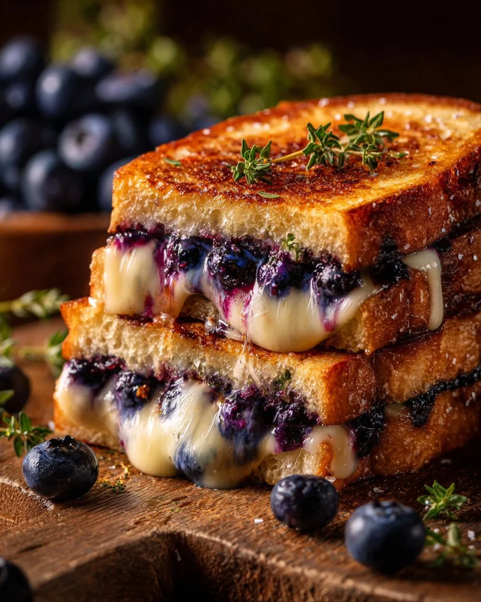 Juicy Blueberry Grilled Cheese sandwich with blueberries and melted cheese